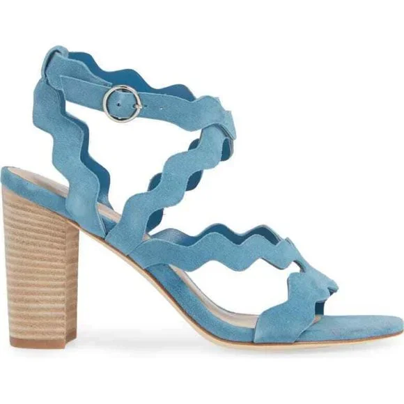 PAIGE Blue Sage Scalloped Strappy Sandals Block Heel Suede 7 NEW - Picture 4 of 12